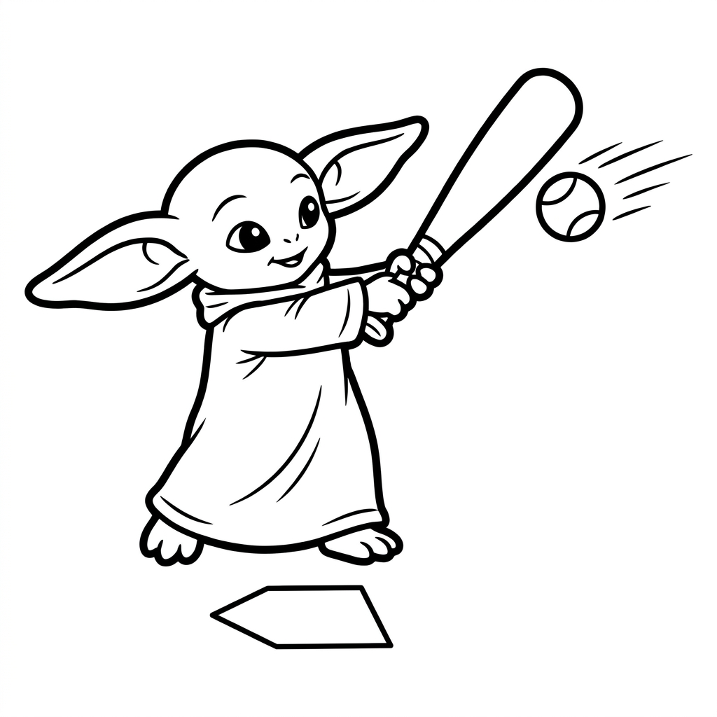 Baby Yoda coloring page swinging a baseball bat